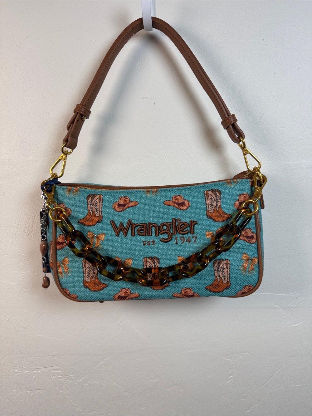 Wrangler Teal Western Motif Shoulder Bag with Brown Trim NWT
